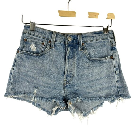 Levi's 501 Cut Off‎ Denim Jean Shorts Women 26 Blue Light Wash Distressed Boho - Picture 1 of 4